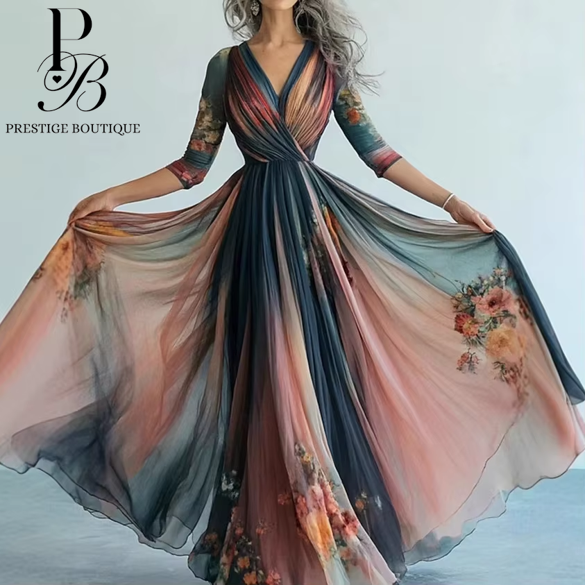 Bohemian Style Long Sleeve Mesh Dress Vacation Vibes Floral Print Chiffon Dress V-Neck Ankle-Length Chic Evening Gown 2025