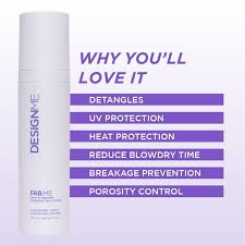 Hair product with features listed on a white background