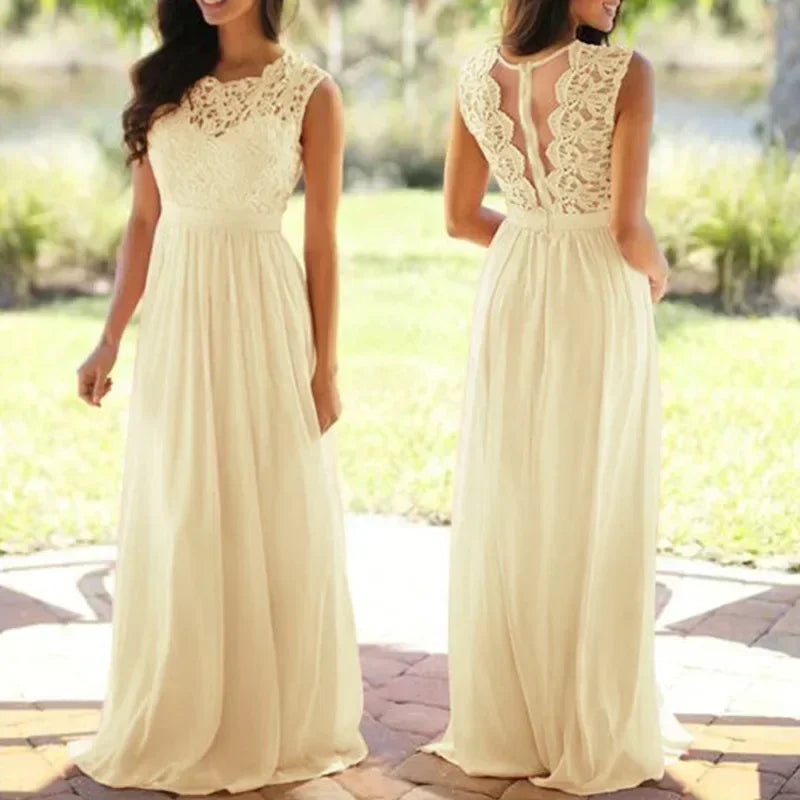 2025 Women Elegant Lace Patchwork Long Dress Female Solid Wedding Bridesmaid Party Maxi Dress Robe Femme Vestidos Dresses S-5XL
