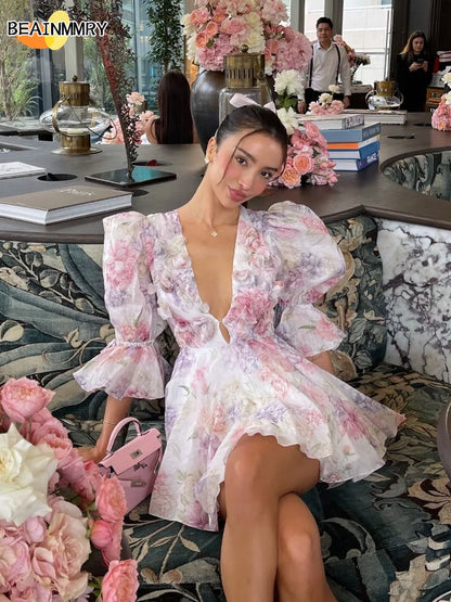 2025 Women Trendy Printed Party Dresses Elegant Flare Sleeve  V Neck Pleated High Waist Vestidos Fashion Lady Chic Evening Gowns