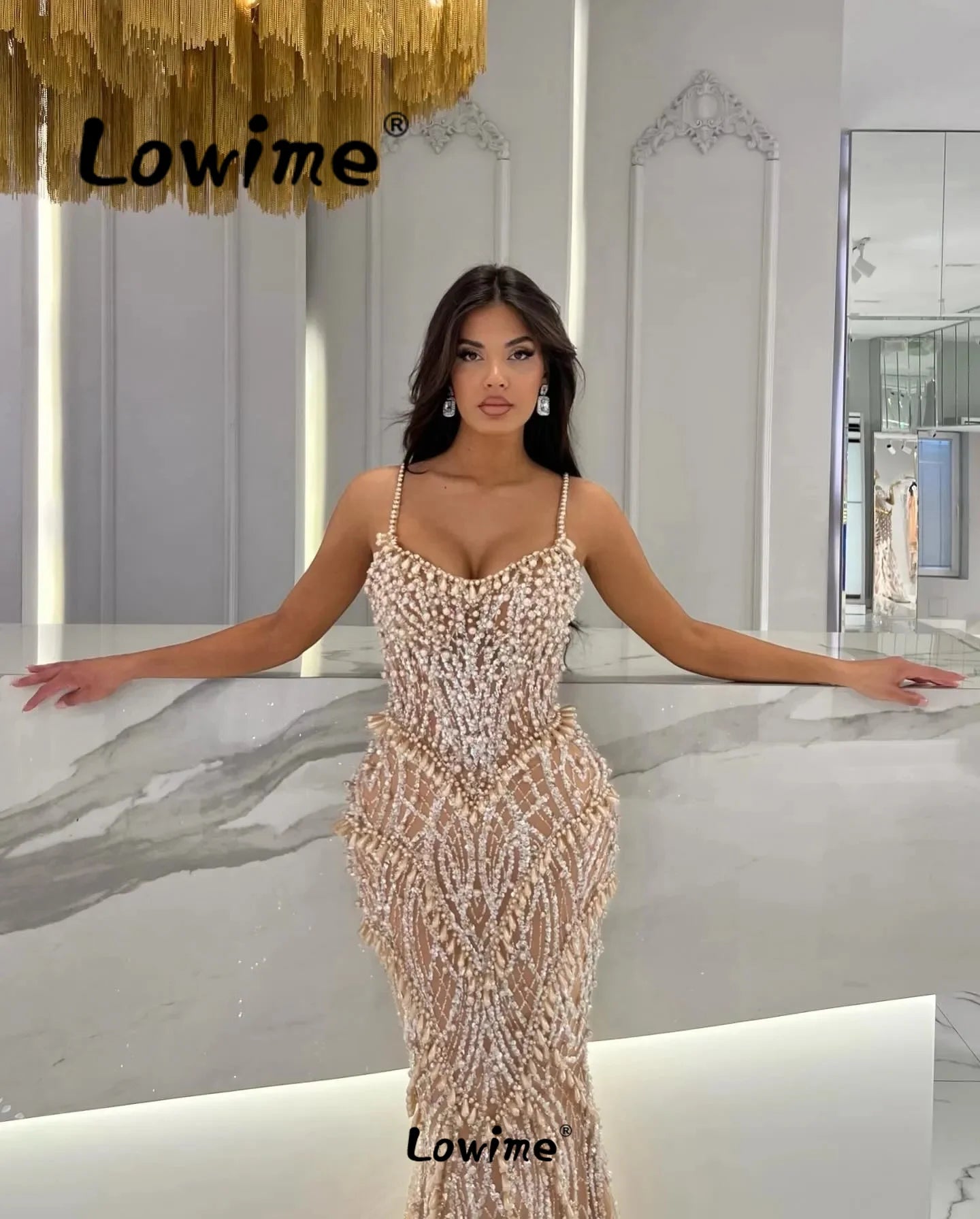 Champagne Pearl Prom Dress Mermaid Spaghetti Straps Wedding Party Dress Customized Arabic Celebrity Dresses Elegant Evening Gown