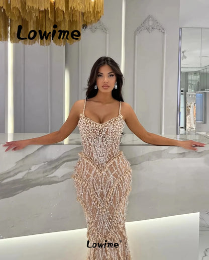 Champagne Pearl Prom Dress Mermaid Spaghetti Straps Wedding Party Dress Customized Arabic Celebrity Dresses Elegant Evening Gown