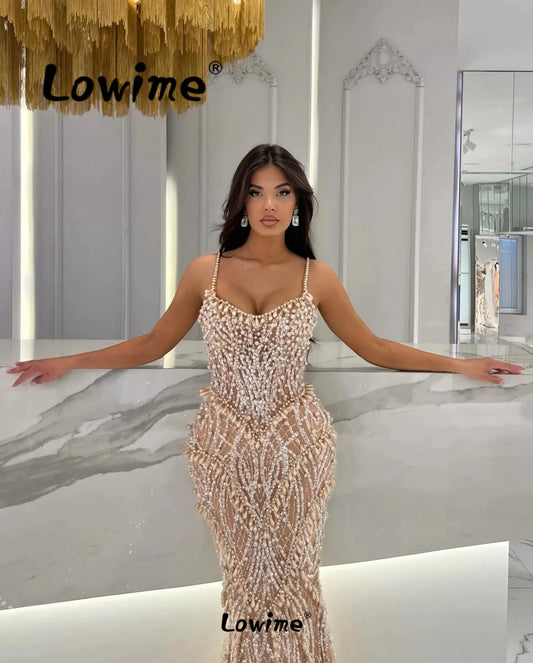 Champagne Pearl Prom Dress Mermaid Spaghetti Straps Wedding Party Dress Customized Arabic Celebrity Dresses Elegant Evening Gown