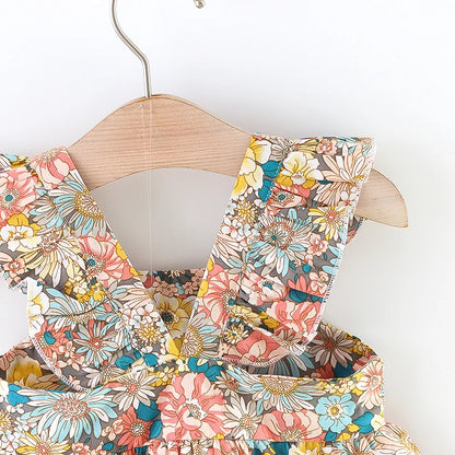 2 Pcs Summer New Baby Girl Dress Fashionable Floral Fly Sleeve Cotton Dress with Crossbody Bag Suitable for Babies Aged 0-3