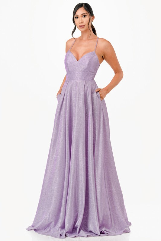 Stylish lavender glitter gown with spaghetti straps, perfect for prom or formal events.