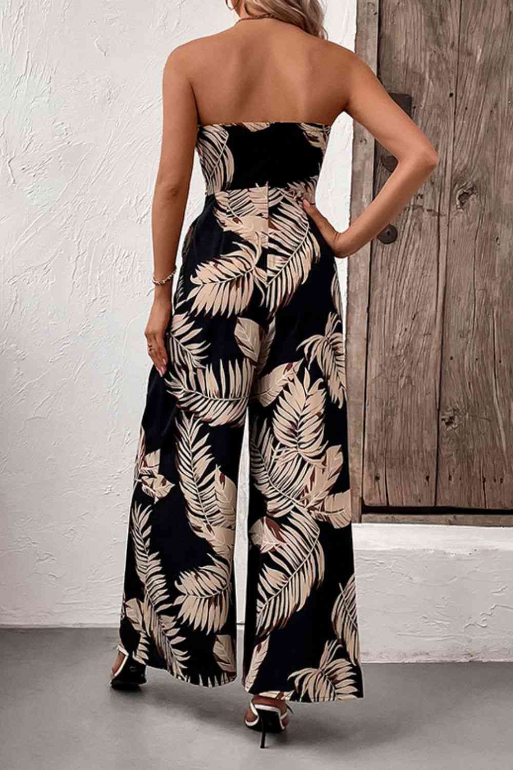  Printed Strapless Wide Leg Jumpsuit with Pockets