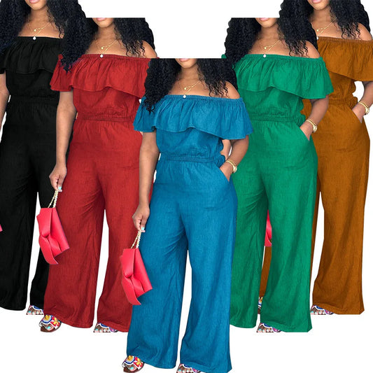 218298 Plus Size Women's Clothing 2025 Autumn New Item No Wash Denim Shawl Jumpsuit Factory