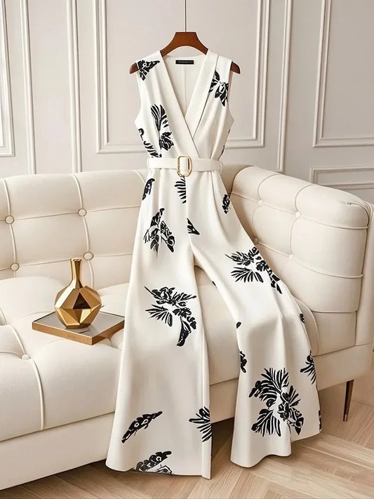 Frence Women Elegance Jumpsuit Summer V-neck White Flower Aesthetic Sleeveless Slim Wide Leg Romper with Belt Office Lady Casual