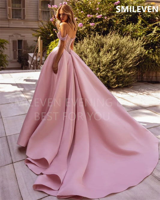 Smileven A-line Pink Prom Dress Off The Shoulder Backless Party Gowns Sweetheart Length Formal Evening Dress Customized 2024