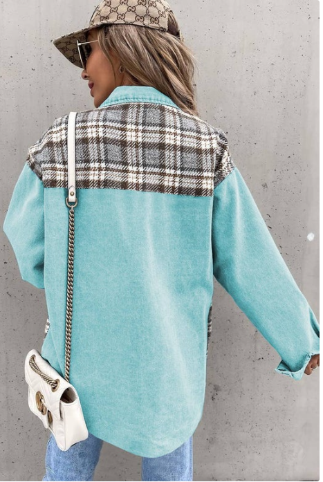 Plaid Patchwork Pockets Denim Jacket