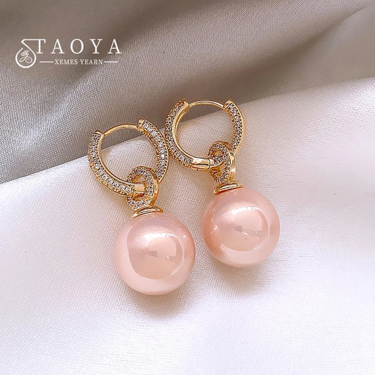 Advanced Geometric Round Micro Set Zircon Pink Pearl Pendant Earrings For Women 2025 Fashion Jewelry Accessories Girl’s Eardrop