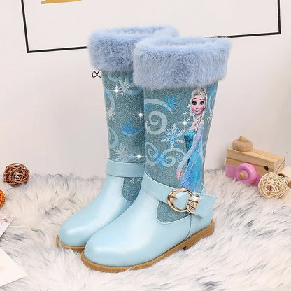 Disney Elsa Princess Kids High Boots Girls Winter Warm Plush Snow Boots Frozen Print Children's Over The Knee Boots Size 25-36