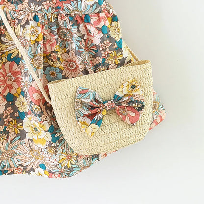 2 Pcs Summer New Baby Girl Dress Fashionable Floral Fly Sleeve Cotton Dress with Crossbody Bag Suitable for Babies Aged 0-3