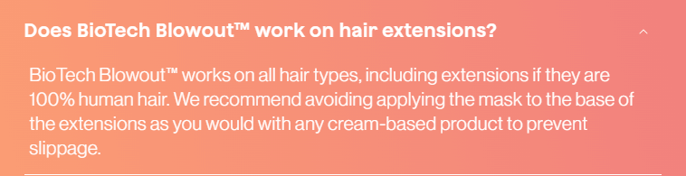 Text on a pink background about BioTech Blowout working on hair extensions.