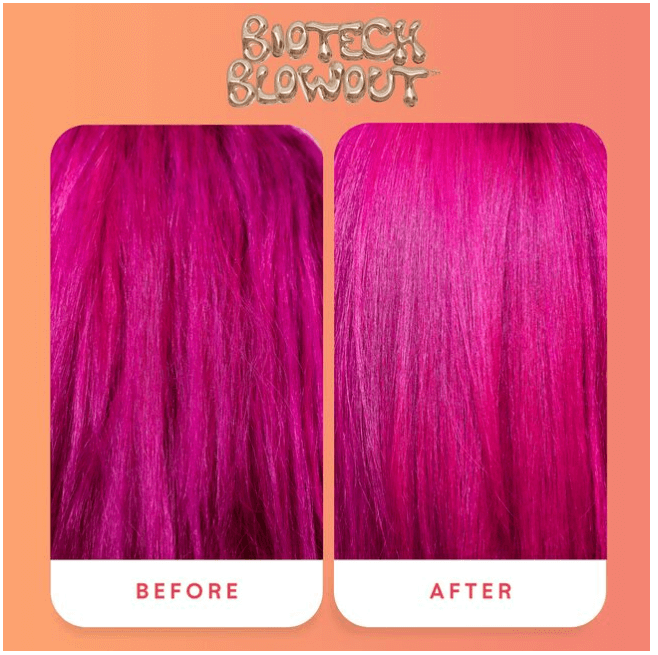 Before and after comparison of pink hair color treatment by Biotech Blowout on a peach background.