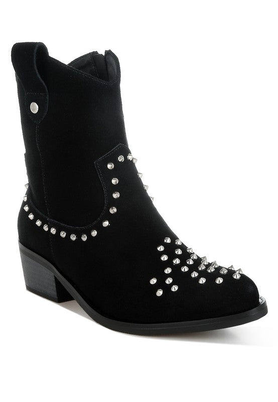 Black ankle boot with silver studs on a white background