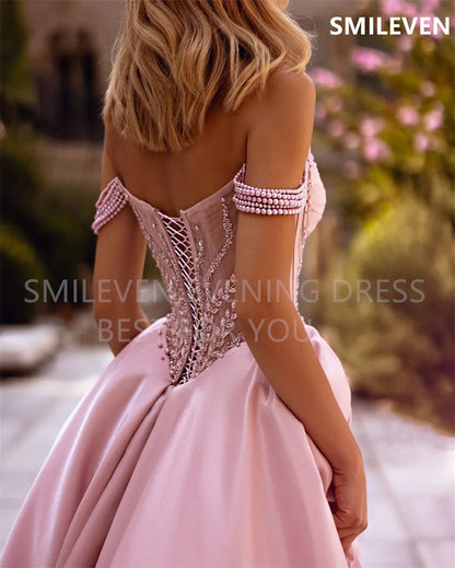 Smileven A-line Pink Prom Dress Off The Shoulder Backless Party Gowns Sweetheart Length Formal Evening Dress Customized 2024