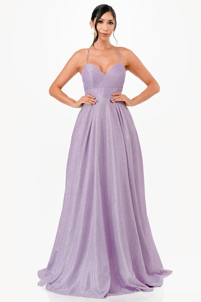Sleeveless glitter gown in lavender for prom, homecoming, or special events, featuring a maxi length and lace-up back.