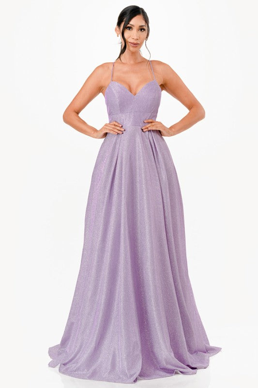Sleeveless glitter gown in lavender for prom, homecoming, or special events, featuring a maxi length and lace-up back.