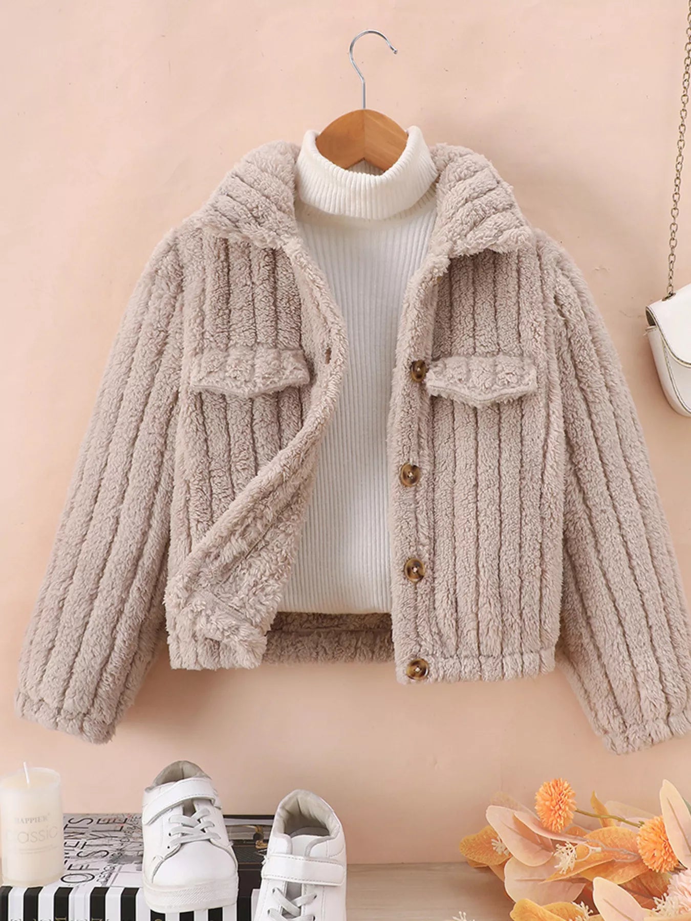 Children's Cozy Fleece Button-Down Jacket in beige, featuring a button-down design and cozy texture, perfect for kids.
