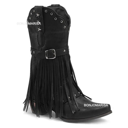 Cowboy Boots For Women Fringe Embroidery Flower Sweet Western Boots Cowgirls Roman Block High Heeled Shoes Autumn