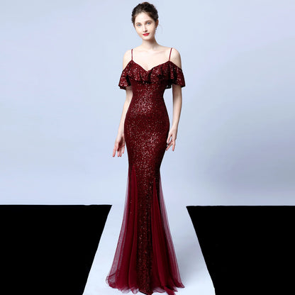 Customized Women's Glitter Evening Party Dress  Sexy V-Neck Ruffle Formal Cocktail Gowns Sphagetti S trap Wedding Dress
