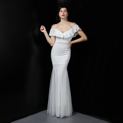 Customized Women's Glitter Evening Party Dress  Sexy V-Neck Ruffle Formal Cocktail Gowns Sphagetti S trap Wedding Dress