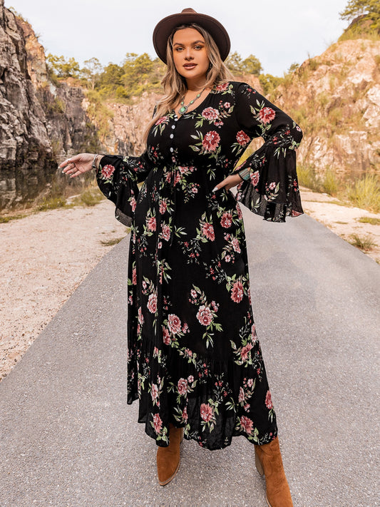 Plus Size Floral Flare Sleeve maxi Dress