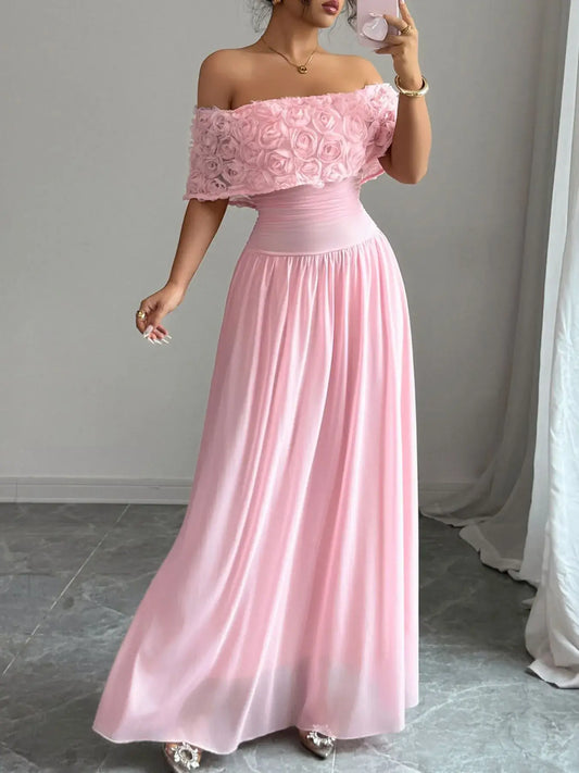 Pretty as a Rose off-shoulder pink maxi dress with rose embellishments, perfect for elegant occasions.