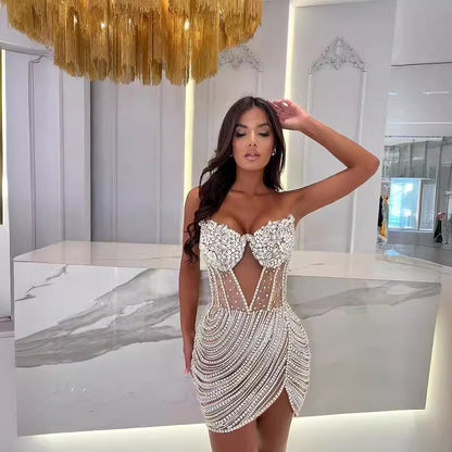 High Quality Fashion Off-the-shoulder Diamond Trim Slim Chain Tight Mini Dress Women