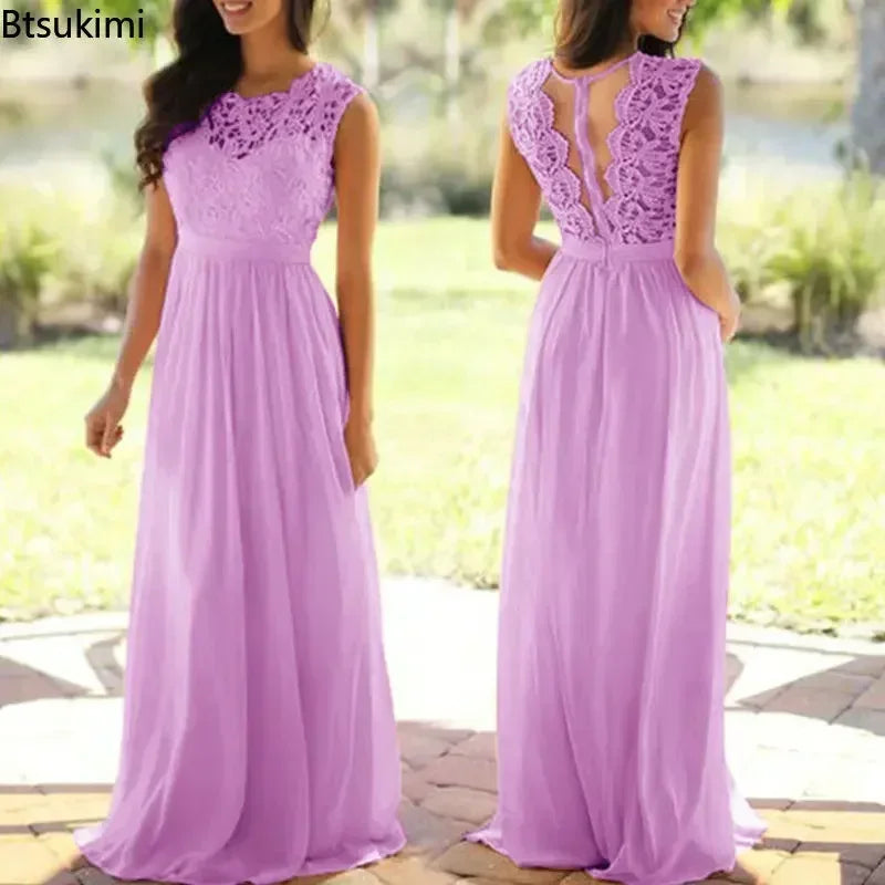 2025 Women Elegant Lace Patchwork Long Dress Female Solid Wedding Bridesmaid Party Maxi Dress Robe Femme Vestidos Dresses S-5XL