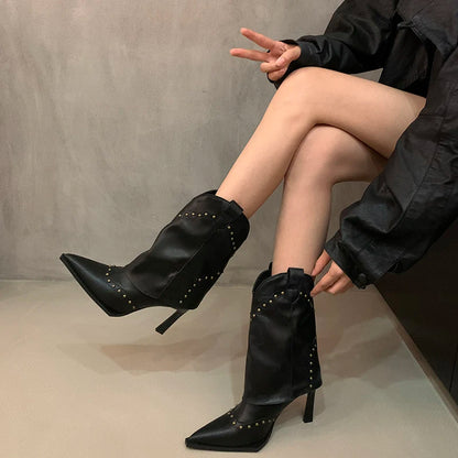Vintage Rivet Women Western Cowgirl Boots Fashion Slip On Shoes Autumn Winter High Heel Women's Knight Short Booties