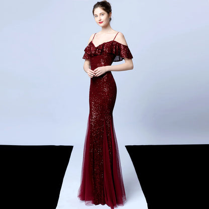 Customized Women's Glitter Evening Party Dress  Sexy V-Neck Ruffle Formal Cocktail Gowns Sphagetti S trap Wedding Dress