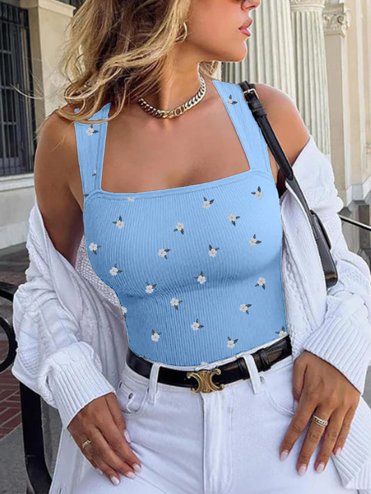 Blue Floral Square neck sleeveless bodysuit