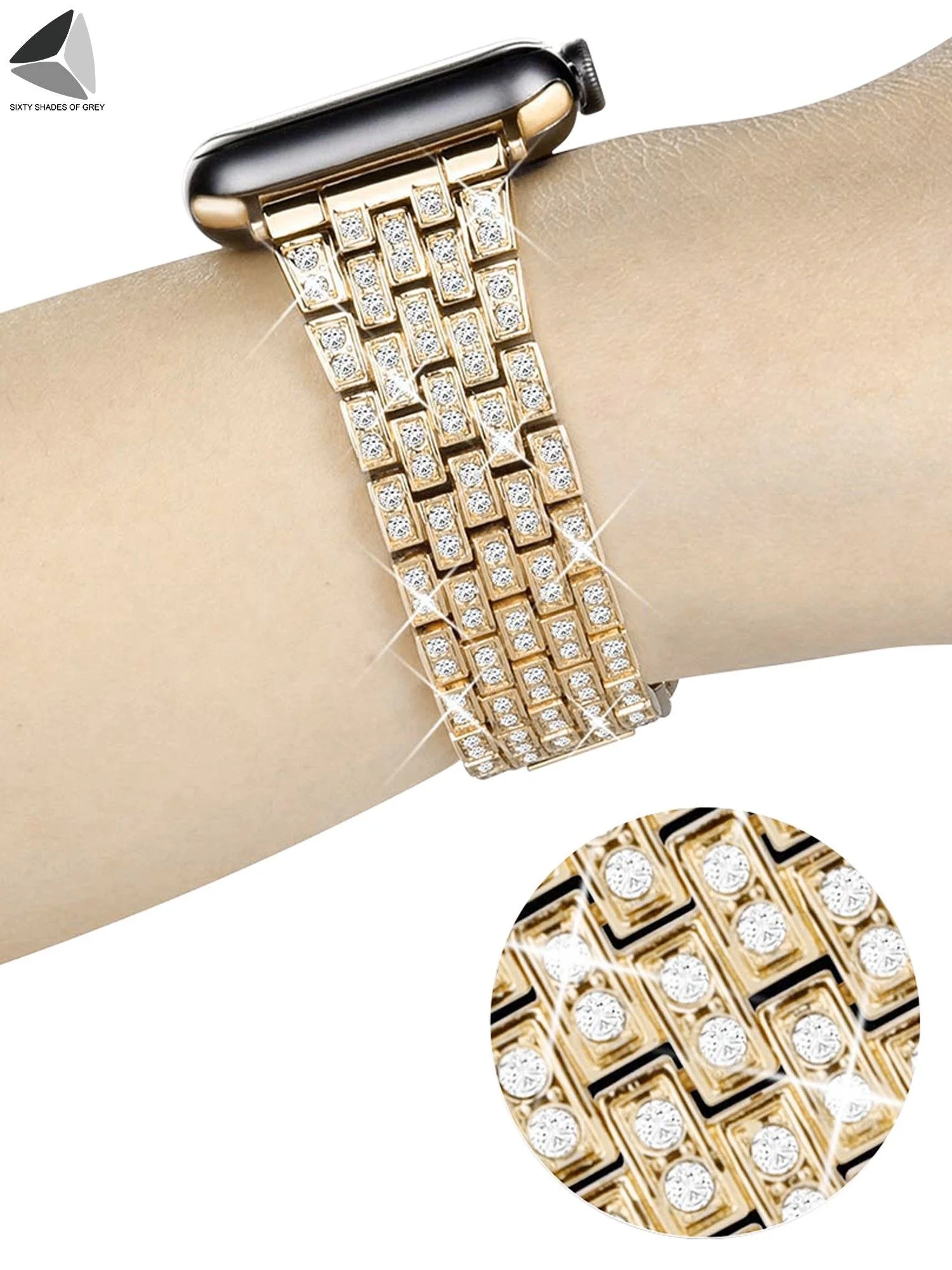 Bling Replacement Bracelet Iwatch Band Glitter Diamond Rhinestone Stainless Steel Metal Wristband Strap Apple Watch Band 38Mm 42Mm for Series 8/7/6/5/4/3/2/1 SE (Gold)