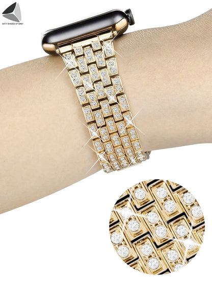 Bling Replacement Bracelet Iwatch Band Glitter Diamond Rhinestone Stainless Steel Metal Wristband Strap Apple Watch Band 38Mm 42Mm for Series 8/7/6/5/4/3/2/1 SE (Gold)