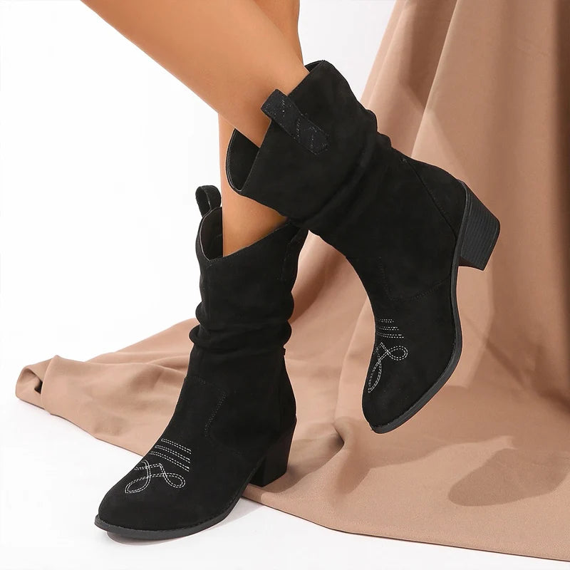 Pink Suedette Pleated Western Boots For Woman  Pointed Toe Chunky Heel Ankle Shoe Cowgirl Ladies Chic Embroidered Designer Botas