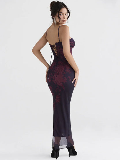 Mozision Purple Print Sexy Long Fishtail Dress For Women Robe New Spaghetti Strap Sleeveless Backless Ruched Maxi Dress Vestidos