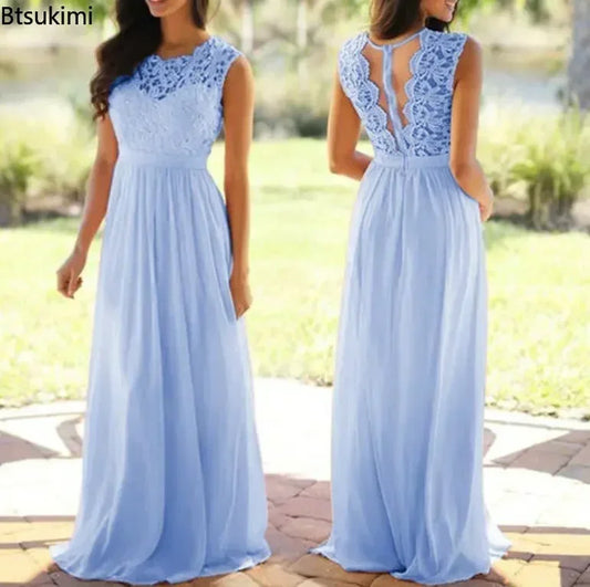 2025 Women Elegant Lace Patchwork Long Dress Female Solid Wedding Bridesmaid Party Maxi Dress Robe Femme Vestidos Dresses S-5XL