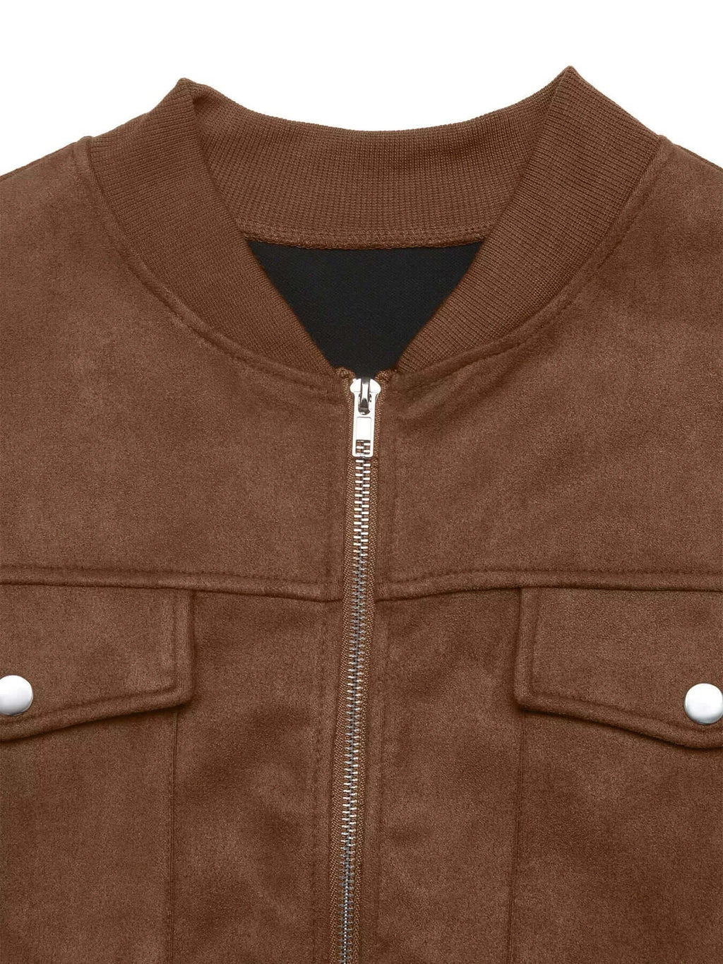 Brown jacket with a zipper and white buttons on a white background