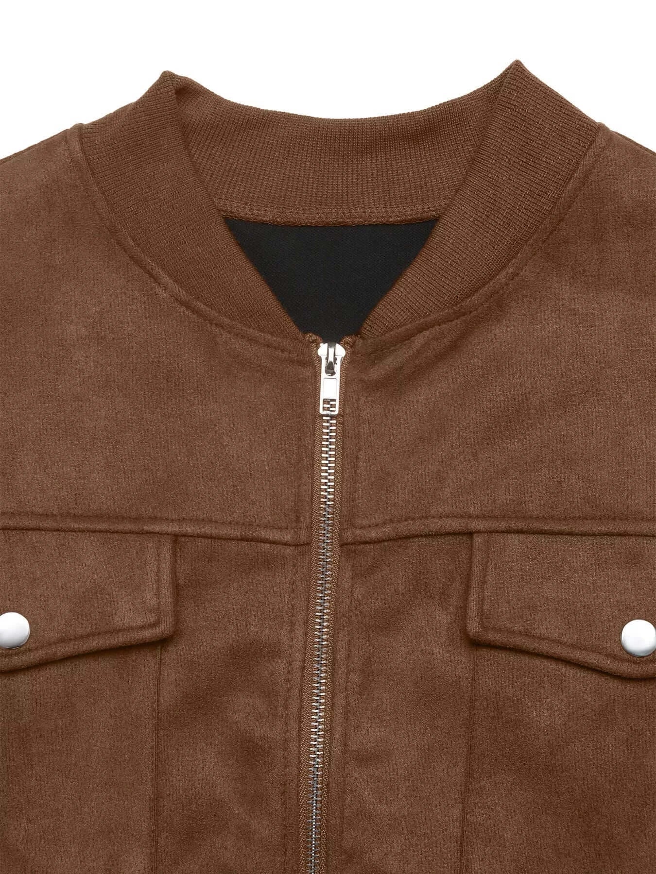 Brown jacket with a zipper and white buttons on a white background