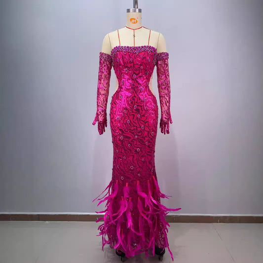 Tight Slimming Long Feather Fishtail Ball Gown