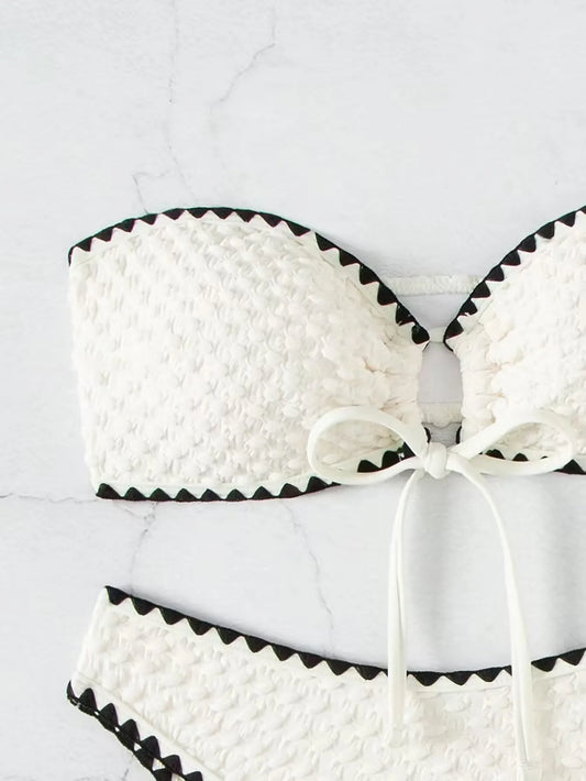 Swimwear White 2 Piece Strapless Swimsuit for Women Sexy Bandeau Backless Bikini Set Lace-up Patchwork Bathing Suit 2025 New