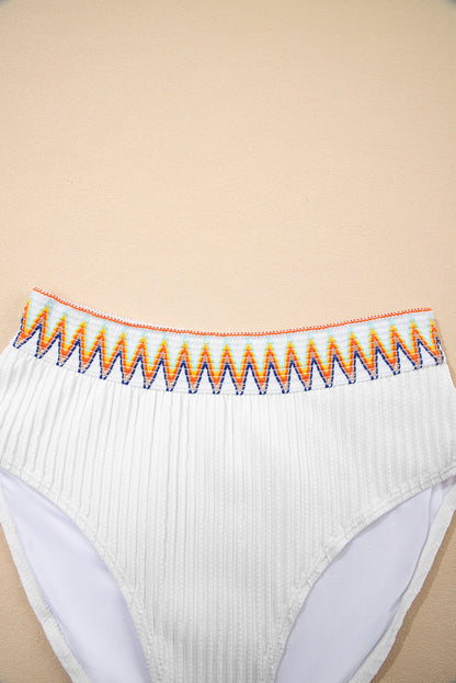 White Textured Contrast Banding Bikini High Waist 2pcs Swimsuit