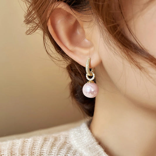 Advanced Geometric Round Micro Set Zircon Pink Pearl Pendant Earrings For Women 2025 Fashion Jewelry Accessories Girl’s Eardrop