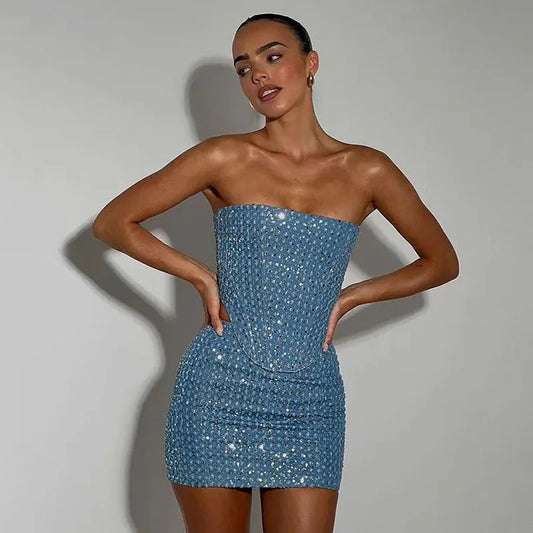HXAO Women Blue Sequined Denim 2 Piece Sets Sexy Strapless Top Stylish Woman Mini Skirt Sets Tweed Set Summer Nightclub Outfits