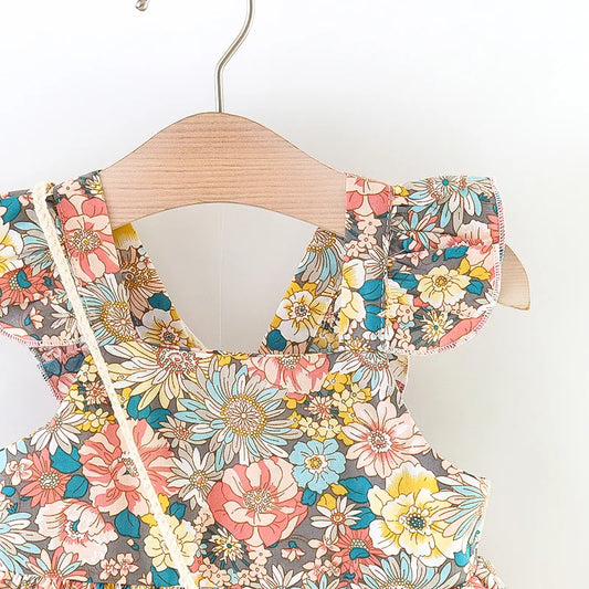 2 Pcs Summer New Baby Girl Dress Fashionable Floral Fly Sleeve Cotton Dress with Crossbody Bag Suitable for Babies Aged 0-3