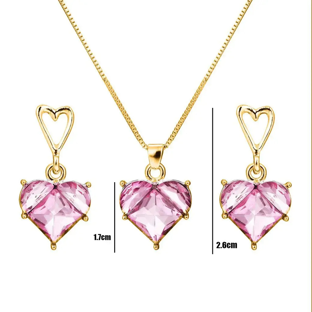 New Pink Necklace Cross Border Full Diamond Necklace Women s Peach Heart Bride Necklace Earring Set Jewelry