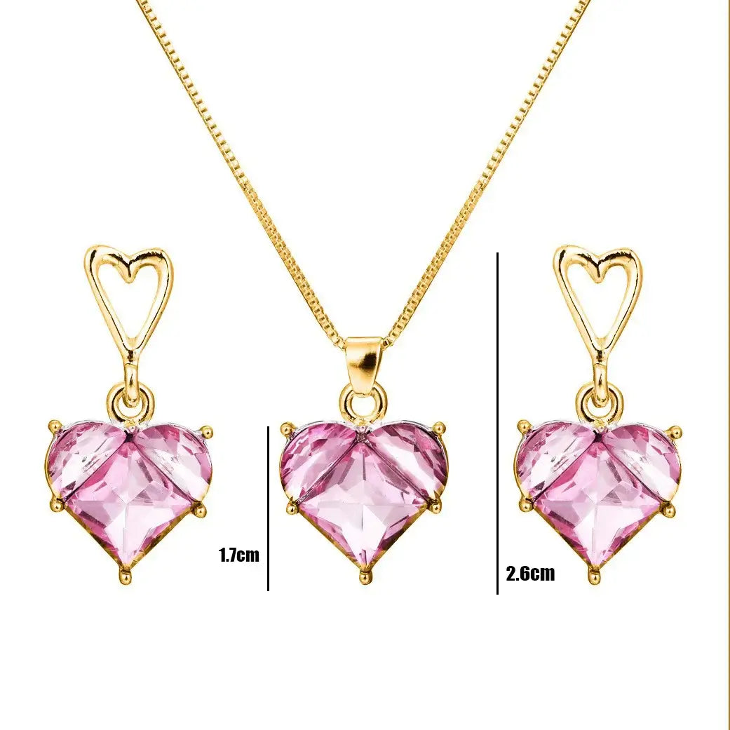 New Pink Necklace Cross Border Full Diamond Necklace Women s Peach Heart Bride Necklace Earring Set Jewelry