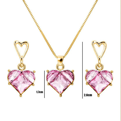 New Pink Necklace Cross Border Full Diamond Necklace Women s Peach Heart Bride Necklace Earring Set Jewelry